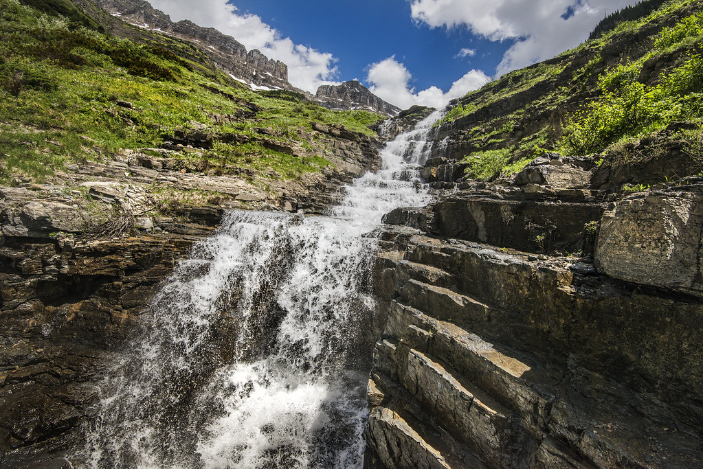 An early-summer waterfall along Going-to-the-Sun Road in Glacier National Park